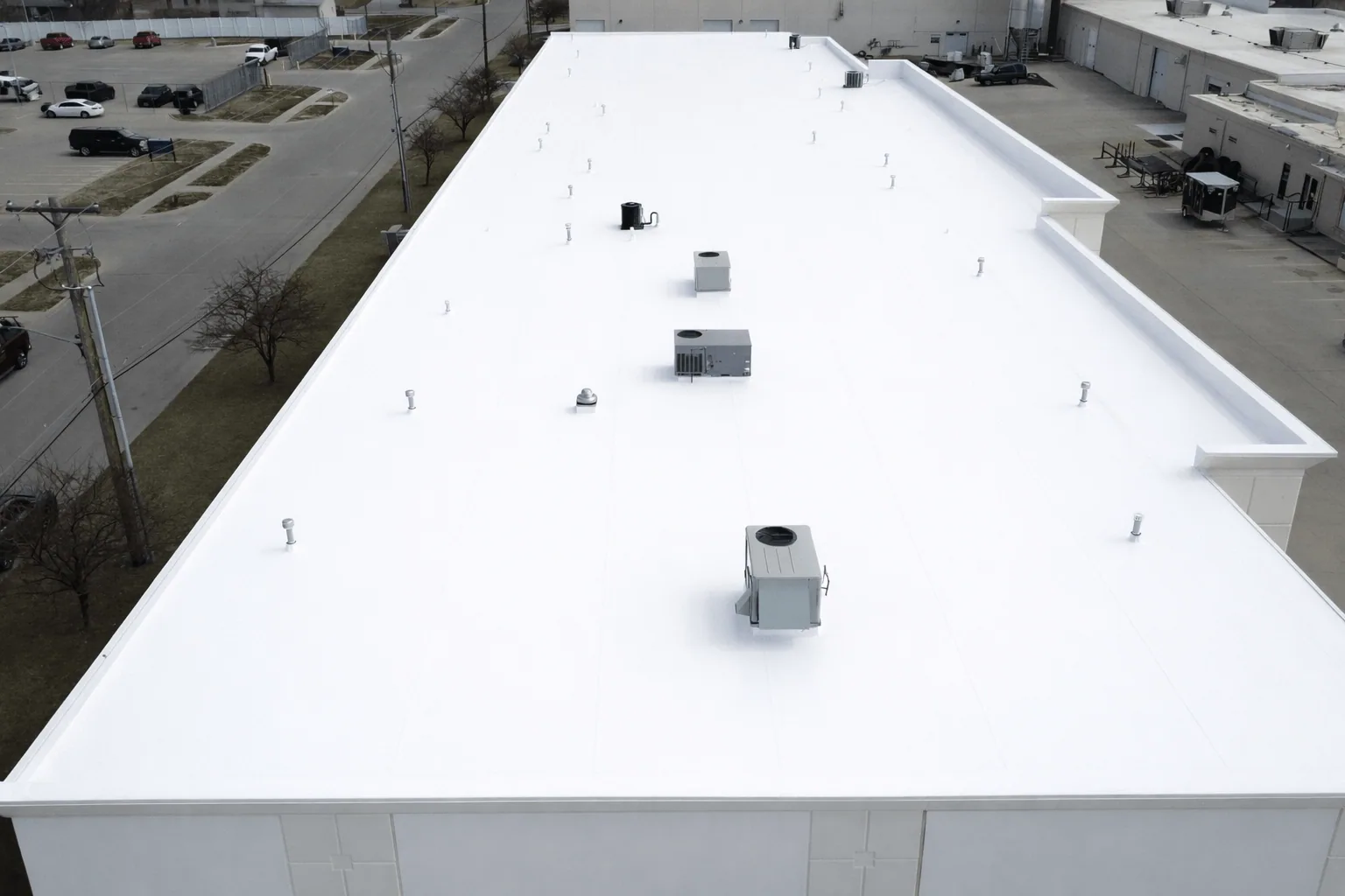 Commercial building with a white TPO roof